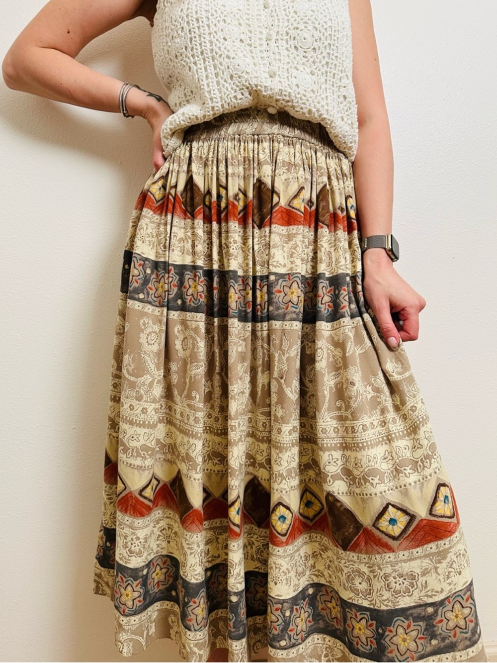 Vintage Coldwater Creek Rayon Skirt Petite Tribal Boho Aztec Pattern Made in USA - Picture 5 of 11